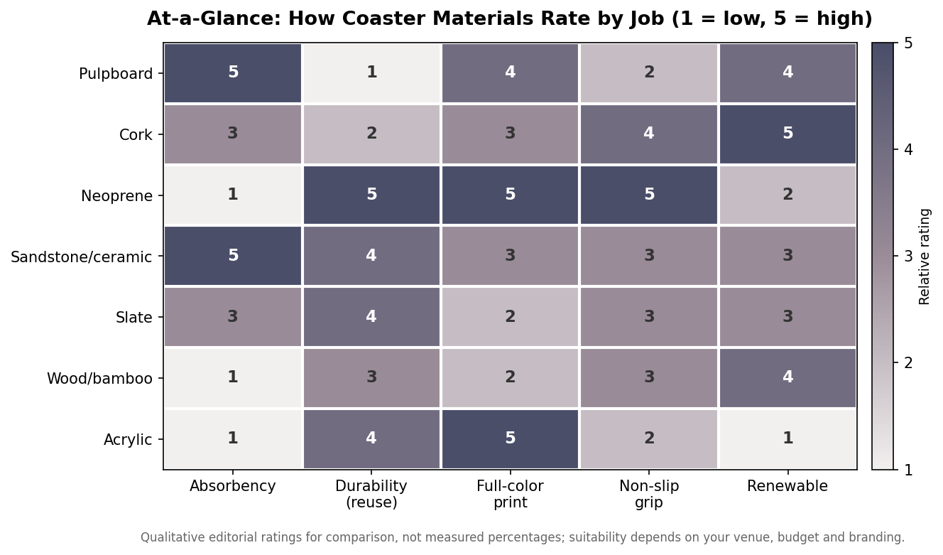 Heatmap rating seven coaster materials across absorbency, durability, full-color print, non-slip grip and renewability